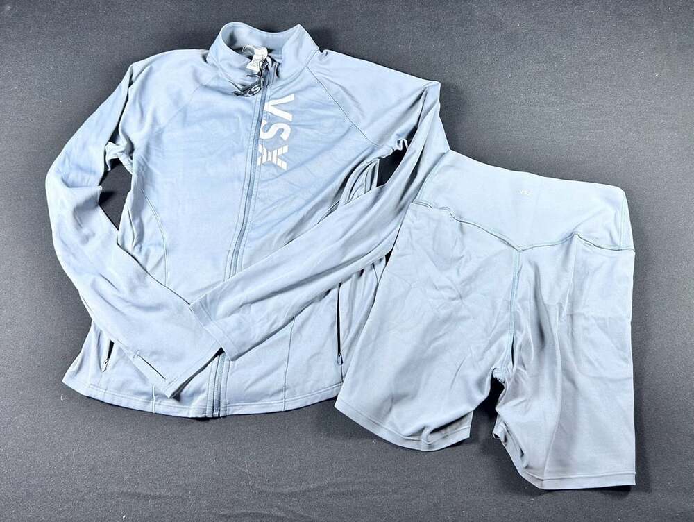 VSX Victoria Secret 2 Piece Set Womens Large Jacket Biker Shorts Blue Grey NWT